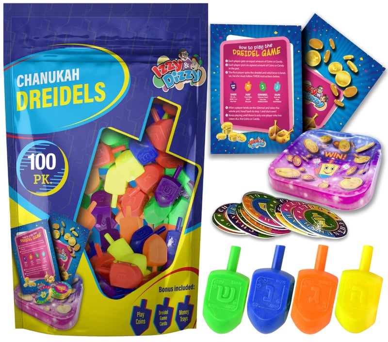 Izzy 'n' Dizzy 100 Medium Dreidels - Assorted Colors - Classic Chanukah Spinning Draidel Game and Prize - Bulk Value Pack - Image 1
